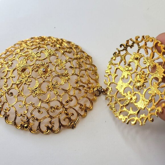 Large Filigree Gold Tone Brooch and Pendant - Picture 8 of 15